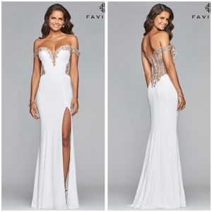 Faviana long off the shoulder gown with appliqué and sheer back bodice